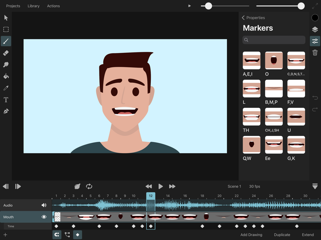 ToonSquid app interface showing a character animation with lip-syncing phoneme markers and audio waveform on an iPad