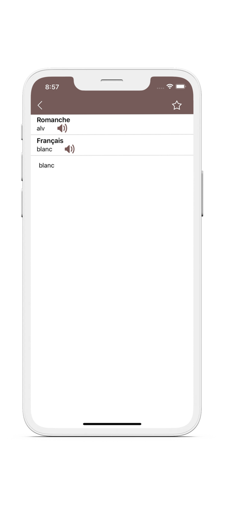 Interface d'application mobile montrant la traduction du mot blanc du romanche vers le français avec des boutons audio.