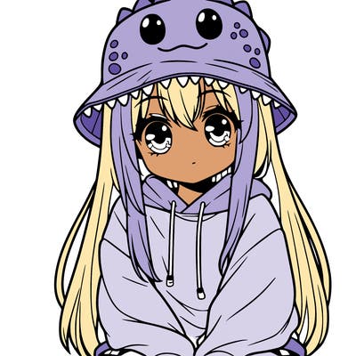 girl with anime shaped eyes with a dinosaur bucket hat oversized sweatshirt long straight hair