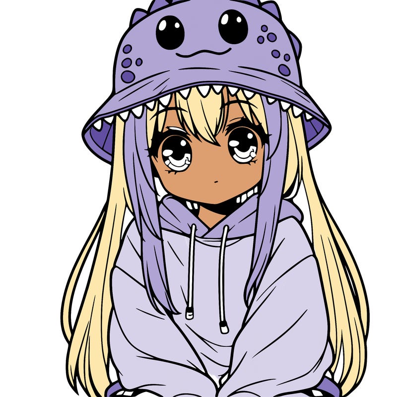 girl with anime shaped eyes with a dinosaur bucket hat oversized sweatshirt long straight hair