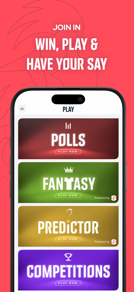 United Rugby Championship app play screen showing polls fantasy predictor and competitions