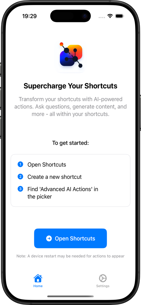 Advanced AI Actions - Home screen of Advanced AI Actions app showing instructions to integrate AI models with iOS Shortcuts