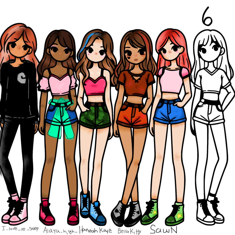 a group of girls wearing crop tops and shorts