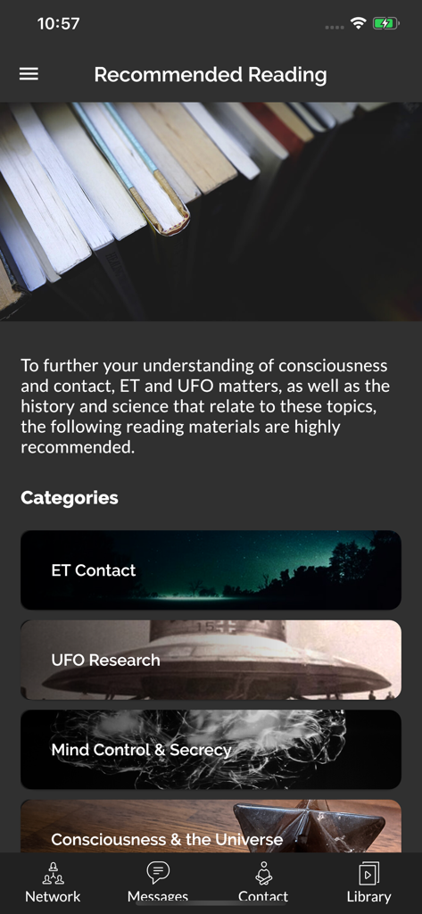 CE5 Contact - Recommended reading section in the CE5 Contact app with categories for ET Contact and UFO Research