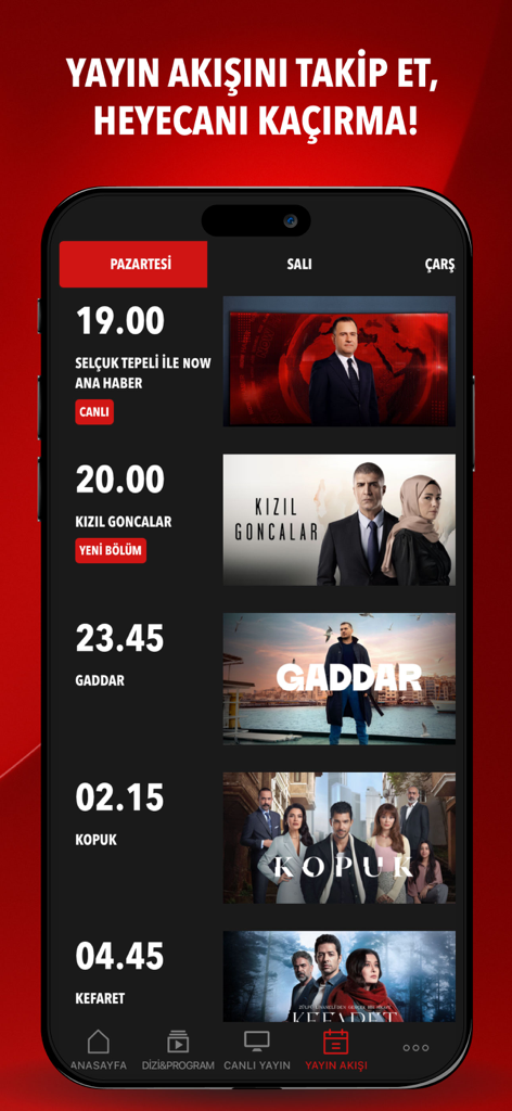NOW Turkiye app interface showing the daily TV broadcast schedule for Turkish series and news.