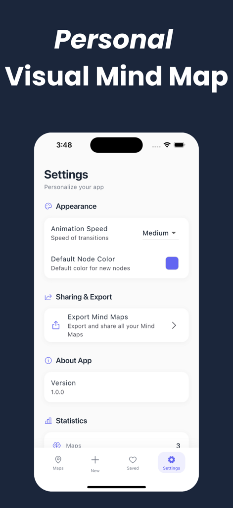 Schermata delle impostazioni dell'app Mind Map AI che mostra opzioni di personalizzazione ed esportazione dell'app