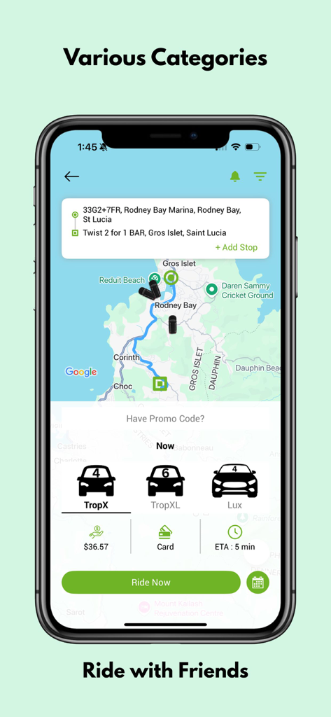 Tropicab - Tropicab mobile app interface showing various ride categories like TropX TropXL and Lux with price estimates and ETA in St Lucia