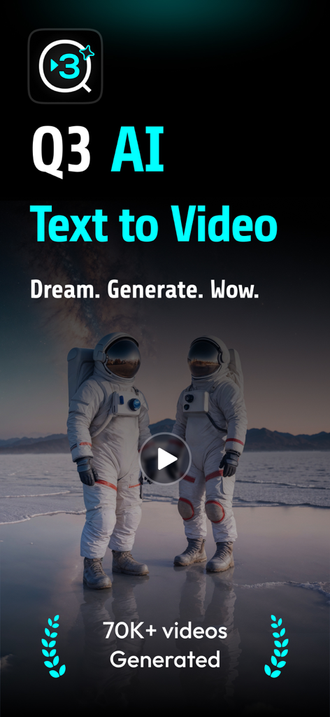 AI Text to VidEO Generator・Q3 - Pantalla de marketing para la aplicación Q3 AI Text to Video con dos astronautas en un desierto y el hito de 70k vídeos generados