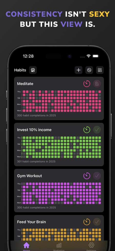 Habit Tracker - Mindle - Mindle Habit Tracker App-Oberfläche, die farbenfrohe Konsistenz-Heatmaps für Meditations- und Fitnessgewohnheiten zeigt
