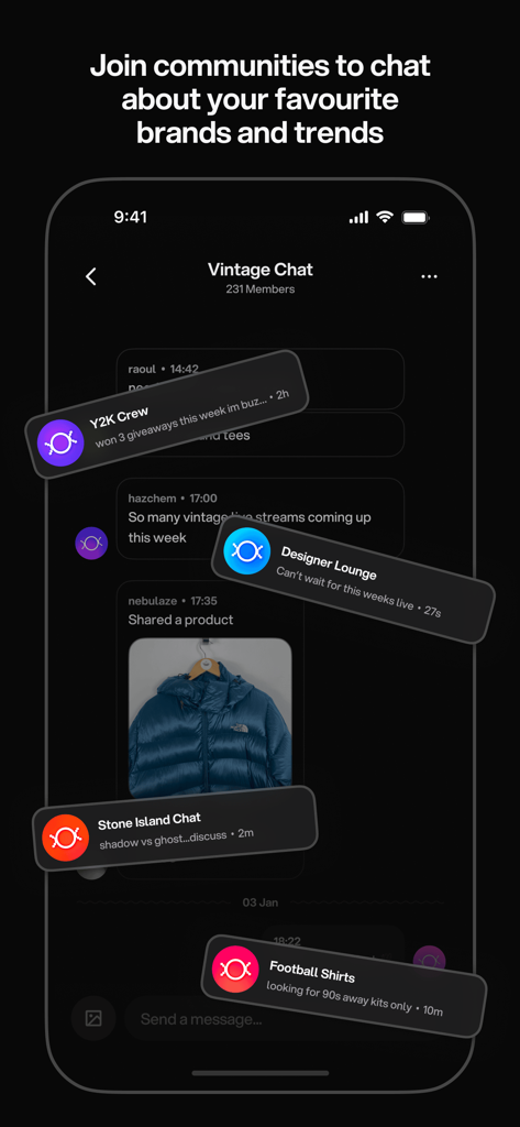 Tilt app interface showing vintage fashion and designer streetwear community chat rooms