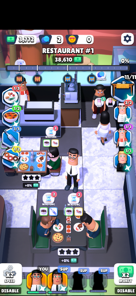 Una captura de pantalla del juego en vista cenital de un simulador de restaurante 3D que muestra clientes comiendo en mesas y personal gestionando el área de comedor
