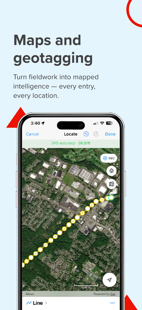 Fulcrum App-Bildschirm, der GIS-Kartierung und Geotagging-Datenerfassung im Feld auf einer Satellitenansicht demonstriert.