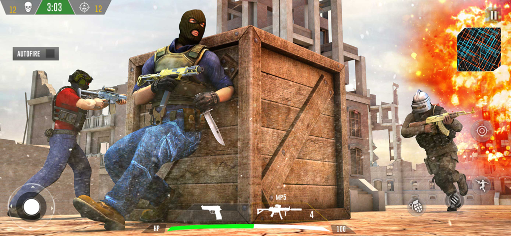 FPS Battle Royale Gameplay, das Charaktere im Kampf in der Nähe einer Holzkiste mit einer Explosion im Hintergrund zeigt