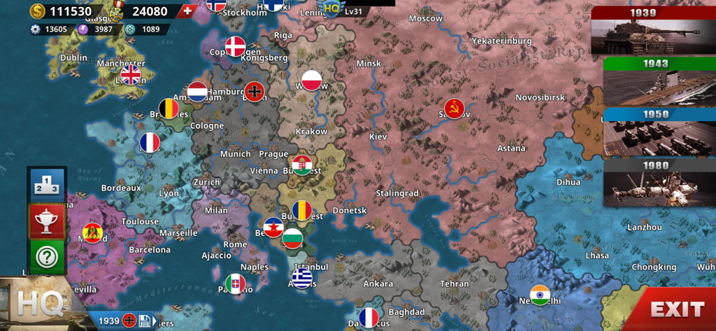 World Conqueror 4 game screen showing a strategic map of Europe with national flags and historical era selection buttons