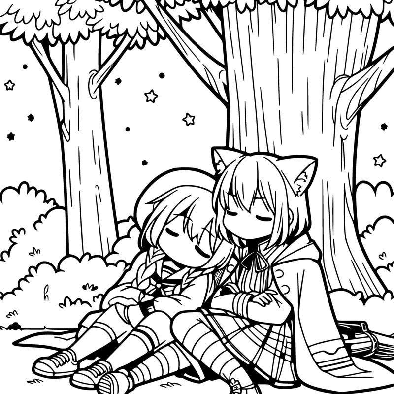 two anime girls sitting near a tree with one putting her head on the other girls shoulder sleeping