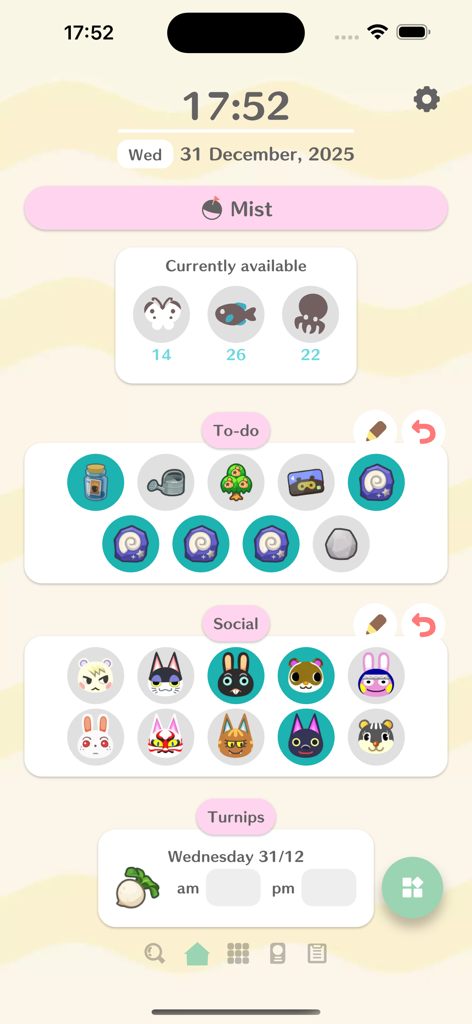 Animal Crossing New Horizons companion app dashboard with daily tasks and turnip tracker