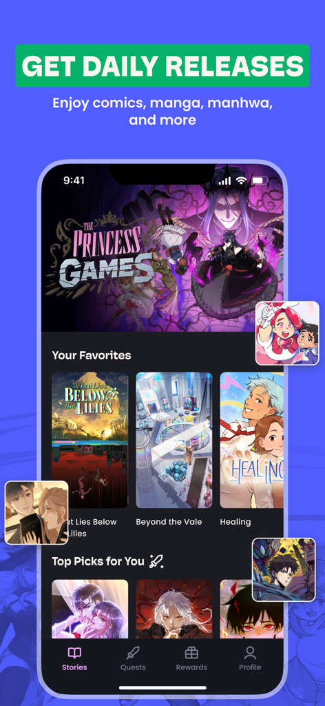 Storygrounds: Webtoons, Comics - Benutzeroberfläche der Storygrounds-App, die verschiedene Webtoon- und Manga-Kategorien mit einem Abschnitt für tägliche Veröffentlichungen anzeigt.