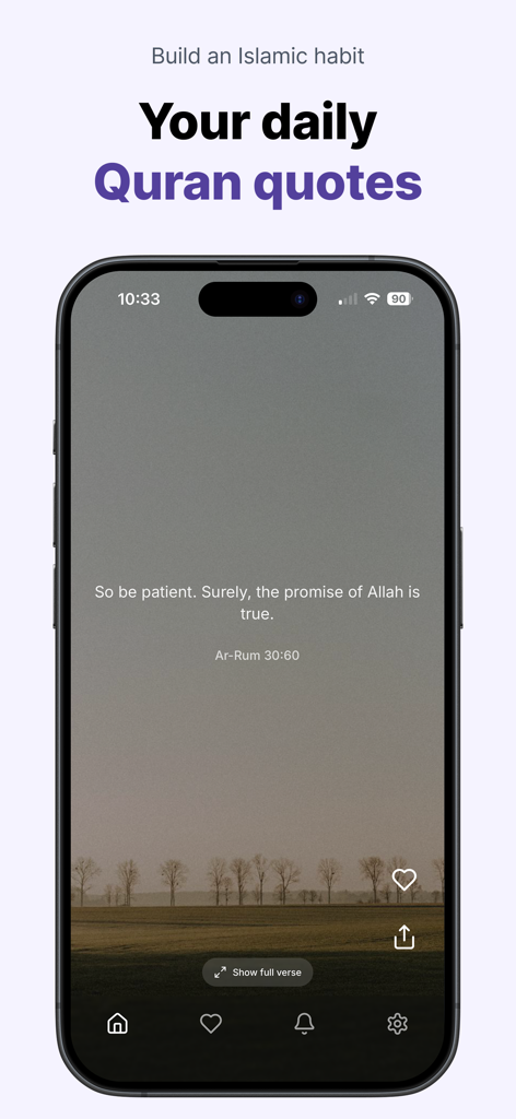 Qurana: Verse of the Day - Una pantalla de smartphone que muestra un versículo diario del Corán de la aplicación Qurana con un fondo de paisaje sereno
