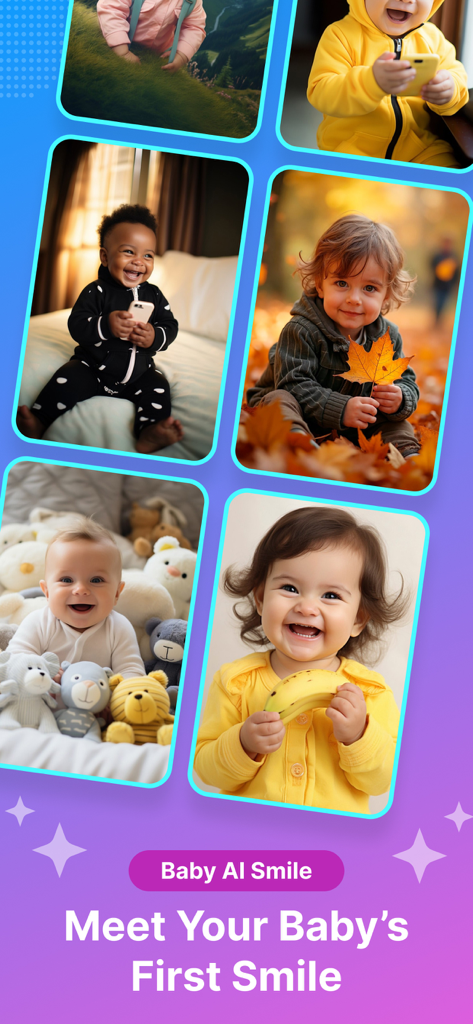 AI Face Generator - Baby Blend - さまざまな笑顔や表情をした、リアルなAI生成の赤ちゃんの顔を示すグリッド。