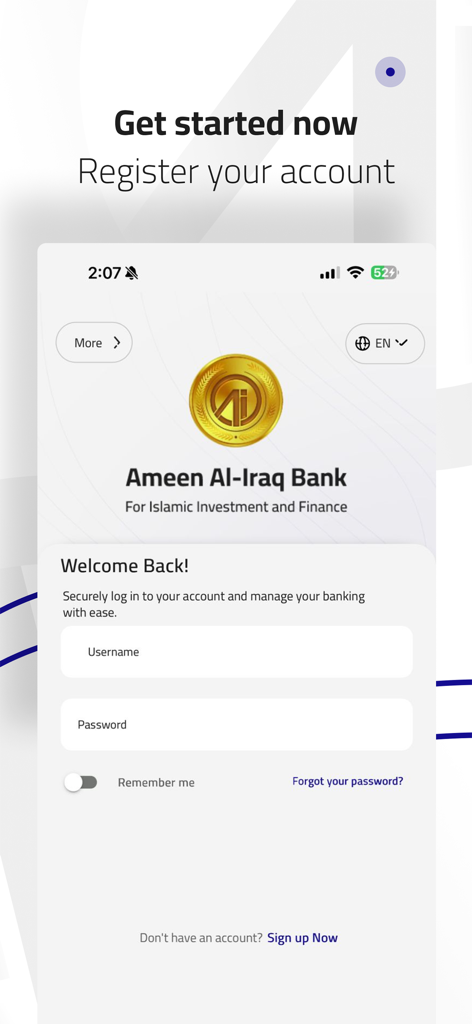 AIB Online - Pantalla de inicio de sesión de la aplicación móvil AIB Online para Ameen Al-Iraq Bank, que muestra los campos de entrada de nombre de usuario y contraseña.