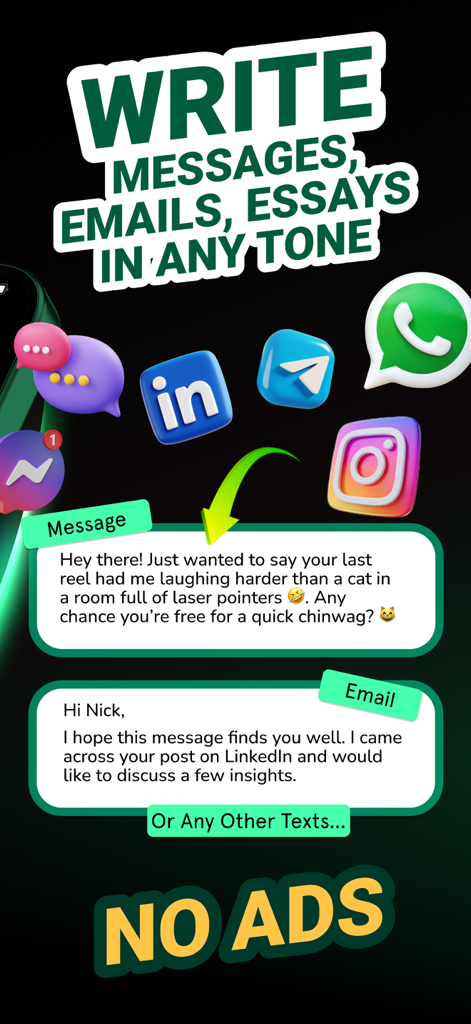 Paraphrase AI 앱 인터페이스가 광고 없이 다른 톤으로 메시지 및 이메일을 작성하는 방법을 보여줍니다.