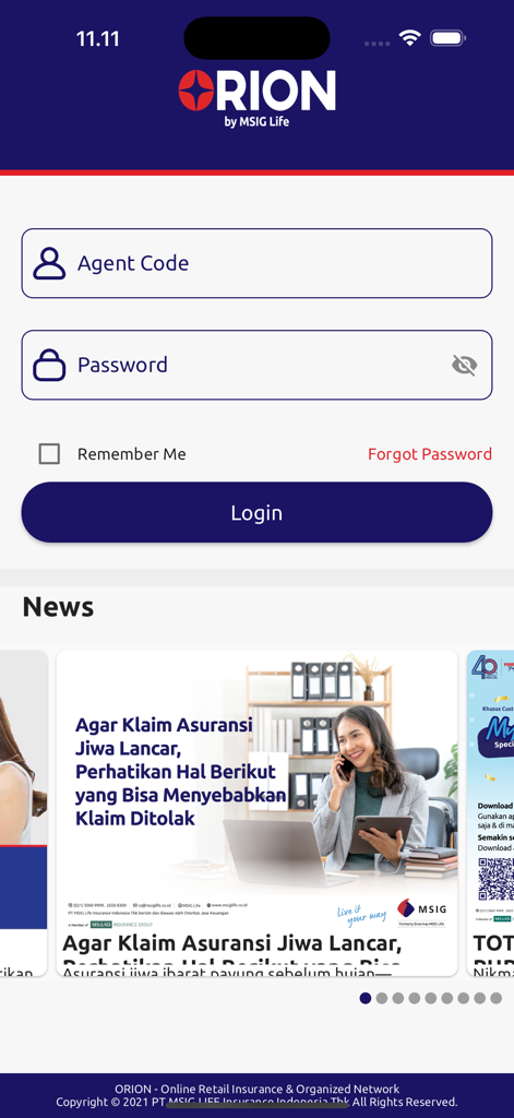 ORION by MSIG Life - Login screen of the ORION by MSIG Life app for insurance agents featuring login fields and a news section