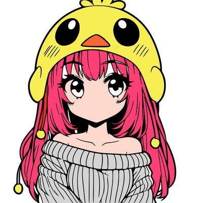 anime girl with chick shaped hat with sweater with bare shoulders with bangs covering them one eye with low tail