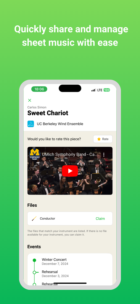 Glissandoo - Smartphone screen displaying repertoire management in the Glissandoo app with sheet music files and event details.