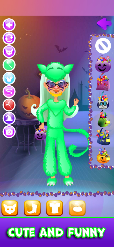 Halloween Costume Party Games - A character dressed in a green furry cat costume with a candy bag in a Halloween dress-up game