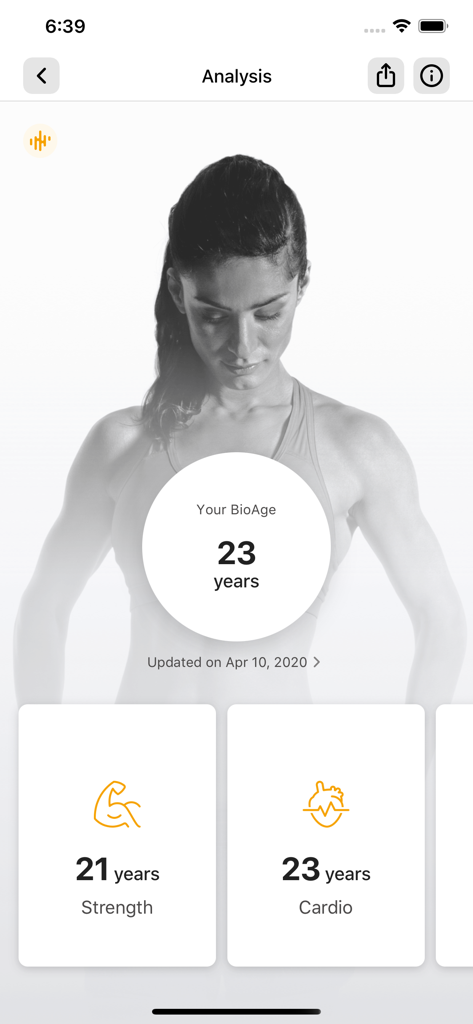 CK Fitness - CK Fitness App BioAge-Analysebildschirm mit Kraft- und Cardio-Metriken