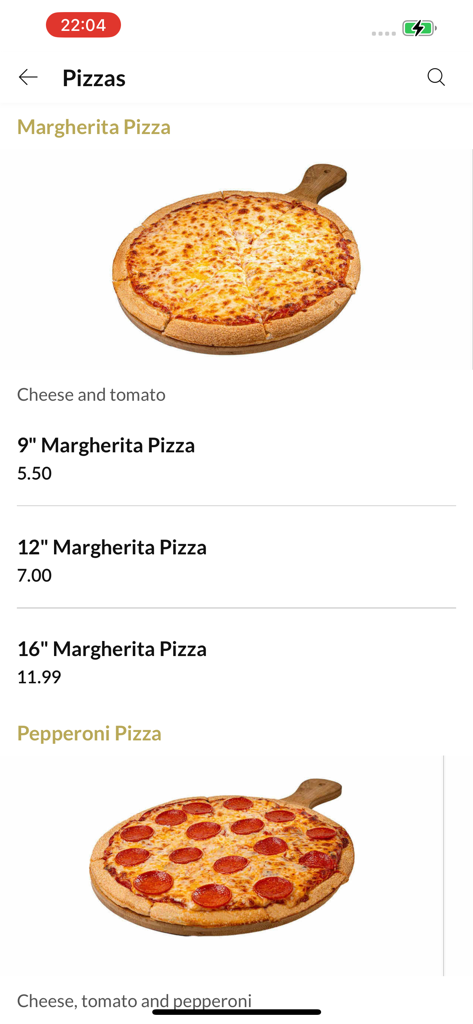 Captain Cook's - Captain Cooks mobile app pizza menu showing Margherita and Pepperoni options with various sizes and prices