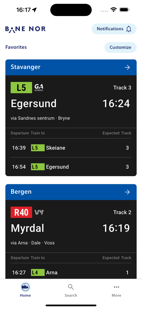 NÅ - NA app favorites screen showing train departures from Stavanger and Bergen