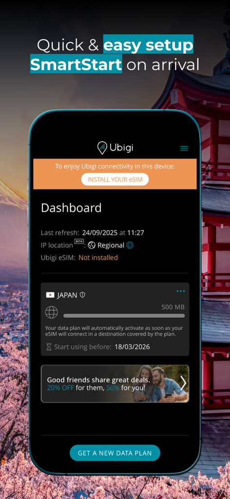 Ubigi mobile app dashboard showing an eSIM data plan for Japan with an installation prompt