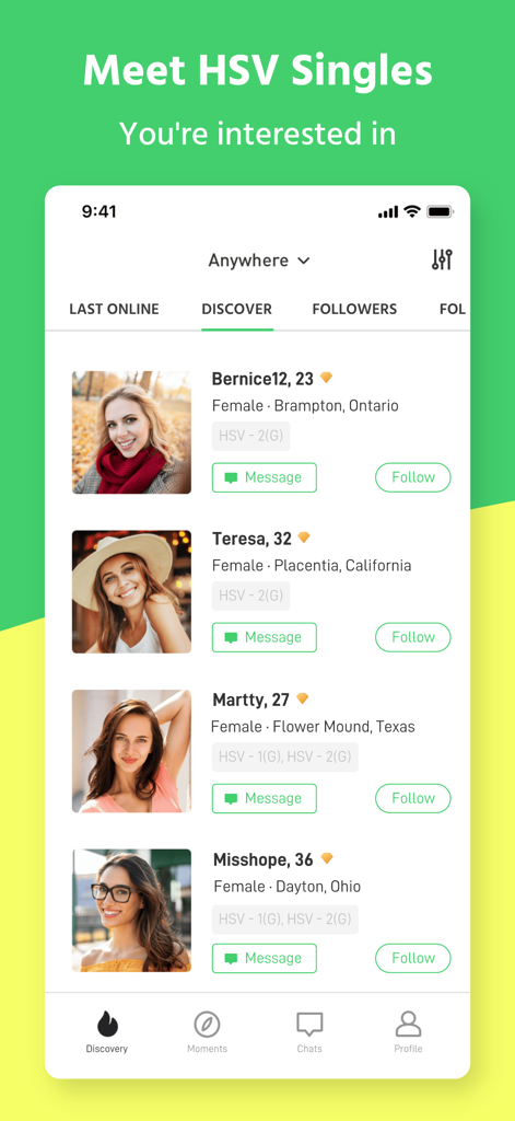 Entdeckungsbildschirm der MPWH-Dating-App, der Profile von HSV-Singles zeigt