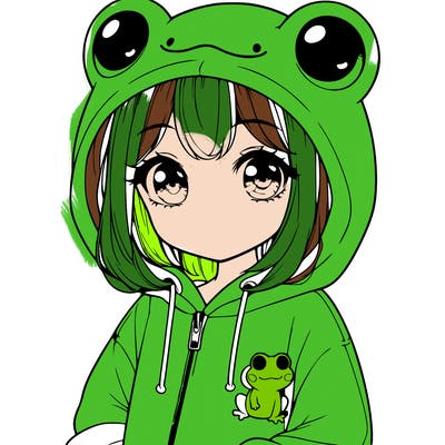 cute realistic girl in a froggy hoodie