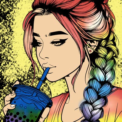 realistic girl drinking boba tea with braided hair