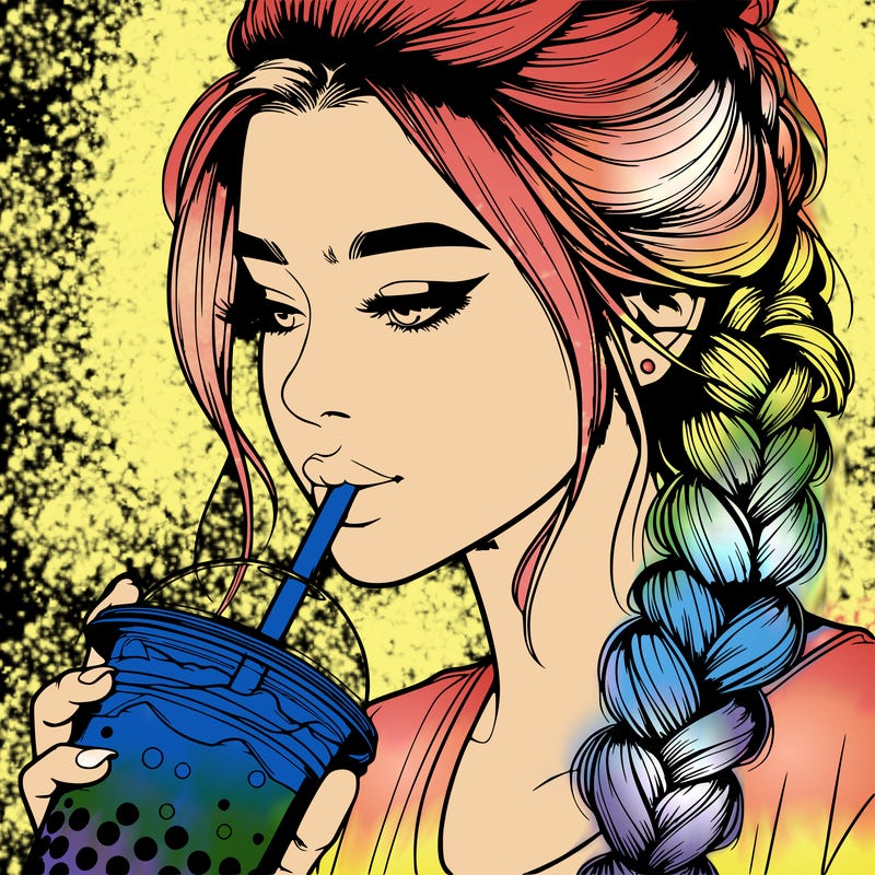 realistic girl drinking boba tea with braided hair