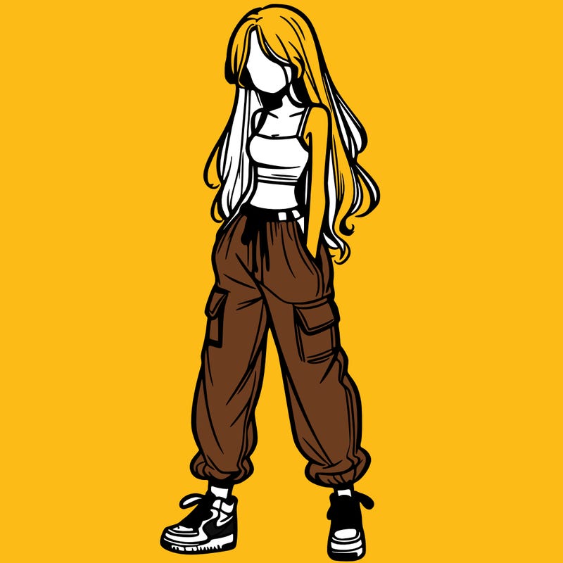 girl in baggy pants crop top and long hair