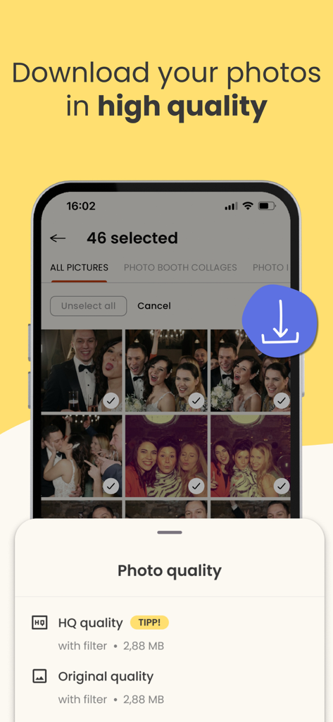 KRUU app interface showing multiple selected wedding photos and high quality download options