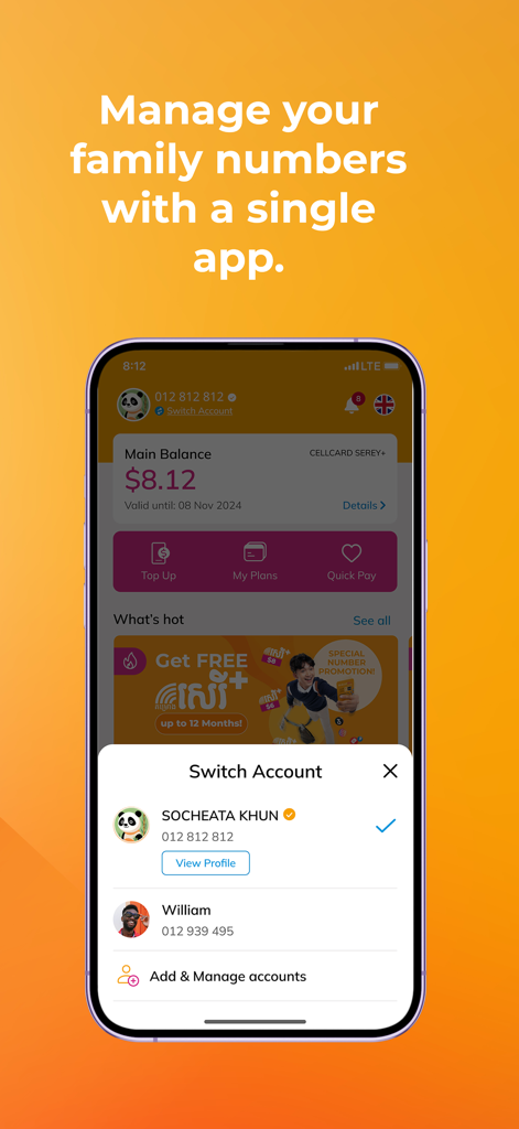 Cellcard app interface showing a switch account menu to manage multiple family phone numbers from a single application