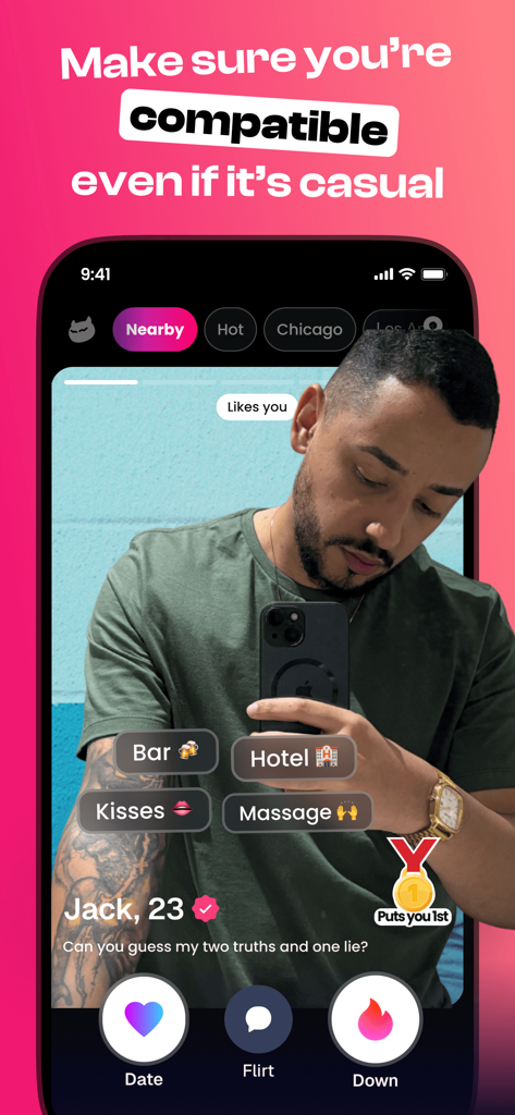 DOWN: The Casual Dating App - A user profile on the DOWN dating app featuring a young man named Jack with options to choose between Date Flirt and Down