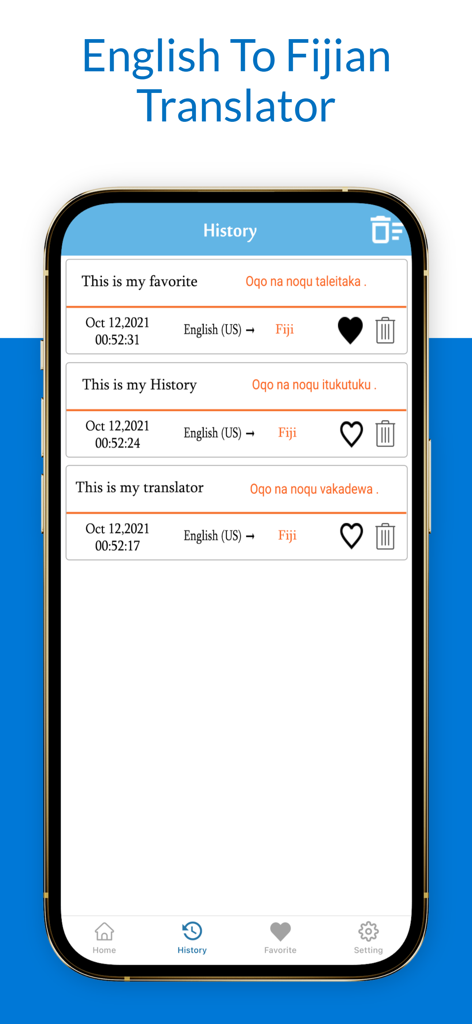 English To Fijian Translator - History page showing English to Fijian translations