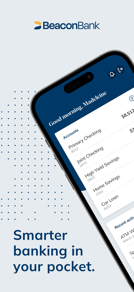 Smartphone exibindo o painel do aplicativo Beacon Bank Mobile com uma lista de contas correntes e de poupança pessoais