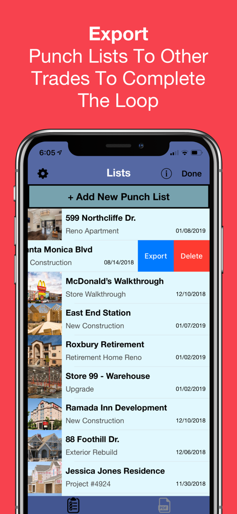 Punch List & Site Audit Report - A smartphone screen showing a list of construction site audit reports with an option to export punch lists