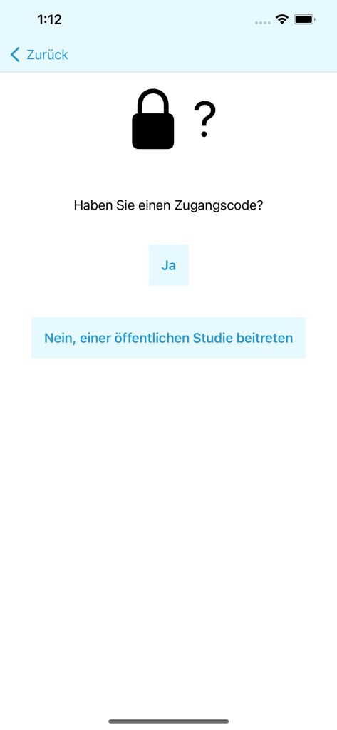 ESMira - ESMira App-Bildschirm auf Deutsch, der nach einem Studienzugangscode oder der öffentlichen Studienanmeldung fragt