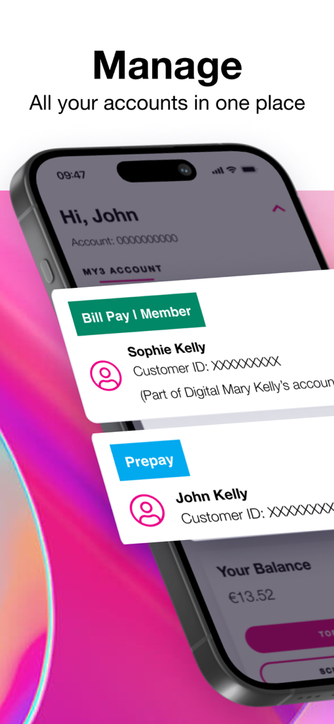 My3 Ireland app interface showing multiple account management for bill pay and prepay customers