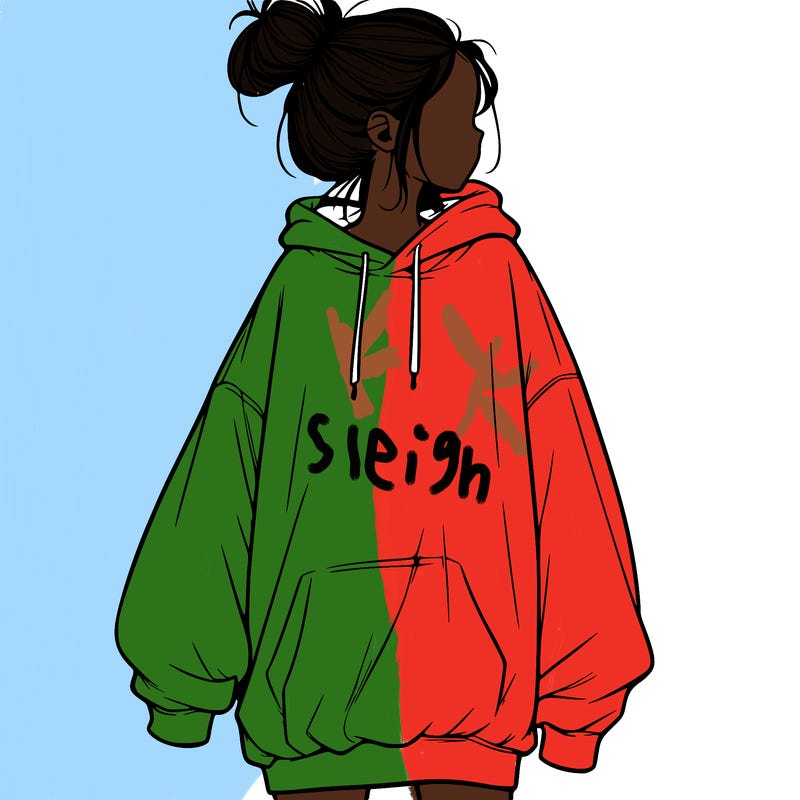 realistic girl with a oversized sweatshirt on and a bun