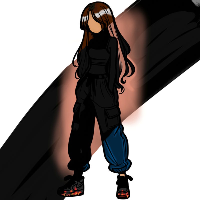 girl in baggy pants crop top and long hair