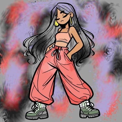 girl in baggy pants crop top and long hair