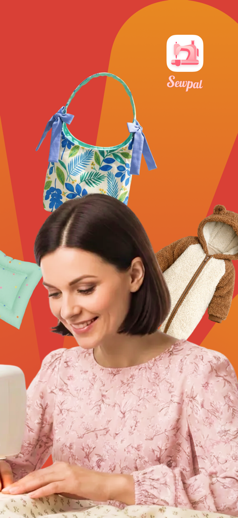 SewPal - Sewing Guides & Ideas - Una donna sorridente che cuce con progetti fai-da-te e il logo dell'app SewPal